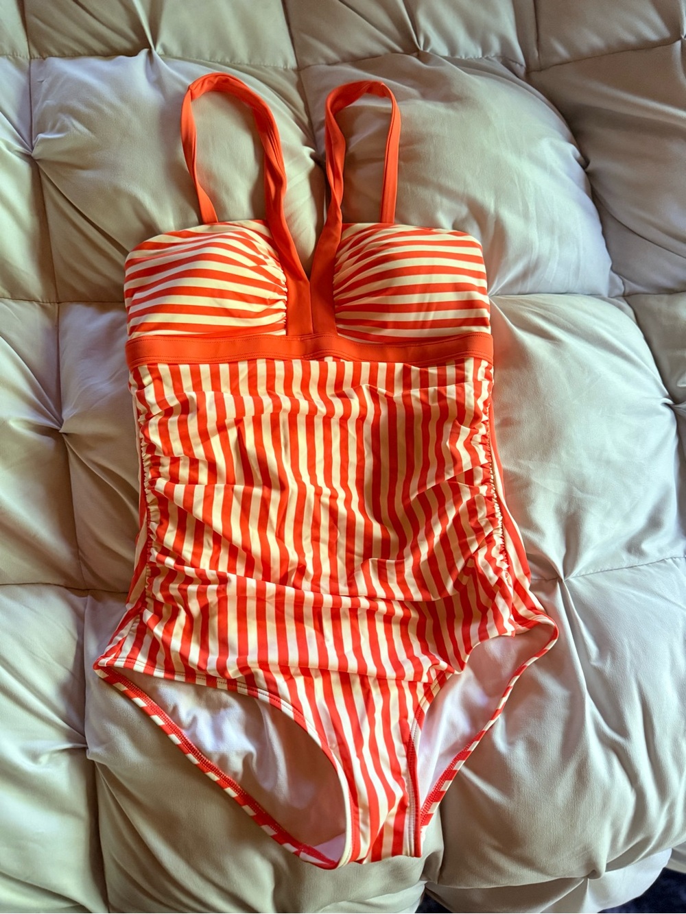 Boden Orange and White Striped Ruched One-Piece Swimsuit